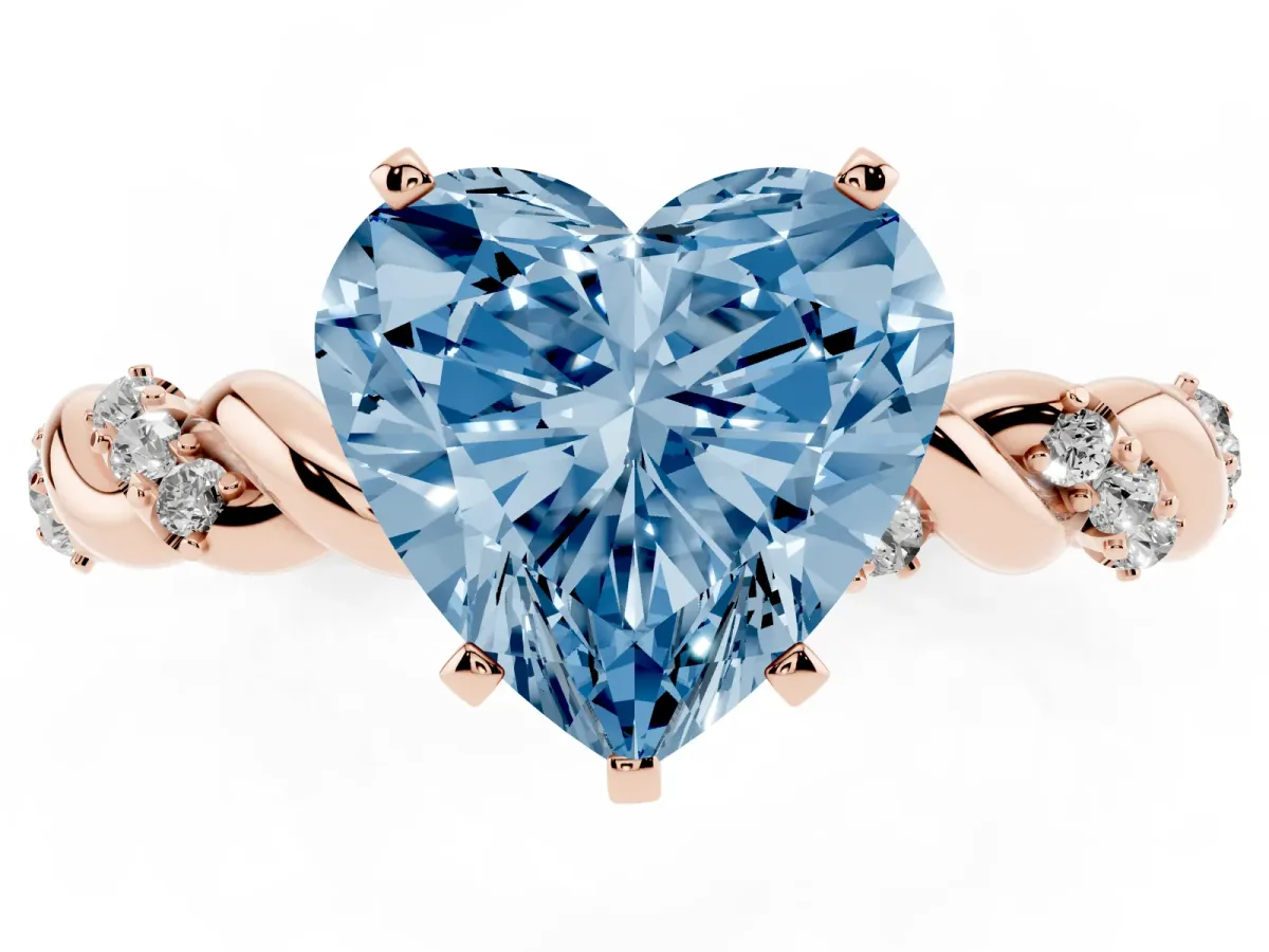 Fancy Blue Heart Cut Diamond Solitaire Ring with Twisted Band and Pavé Accents Rose gold