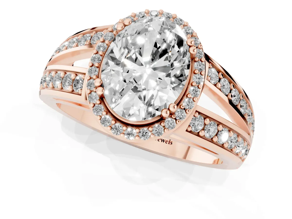 Oval Cut Diamond Halo Ring with Split Shank Pavé Band and Four-Prong Setting Rose gold