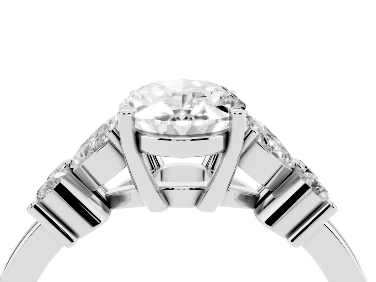 Oval Cut Diamond Floral Cluster Ring with Solitaire Band and Prong Setting Silver