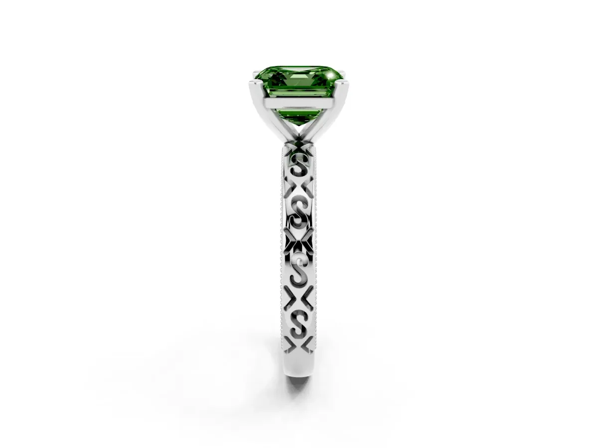 Fancy Green Asscher Cut Solitaire Engagement Ring with Scrollwork Band and Four-Prong Setting Silver