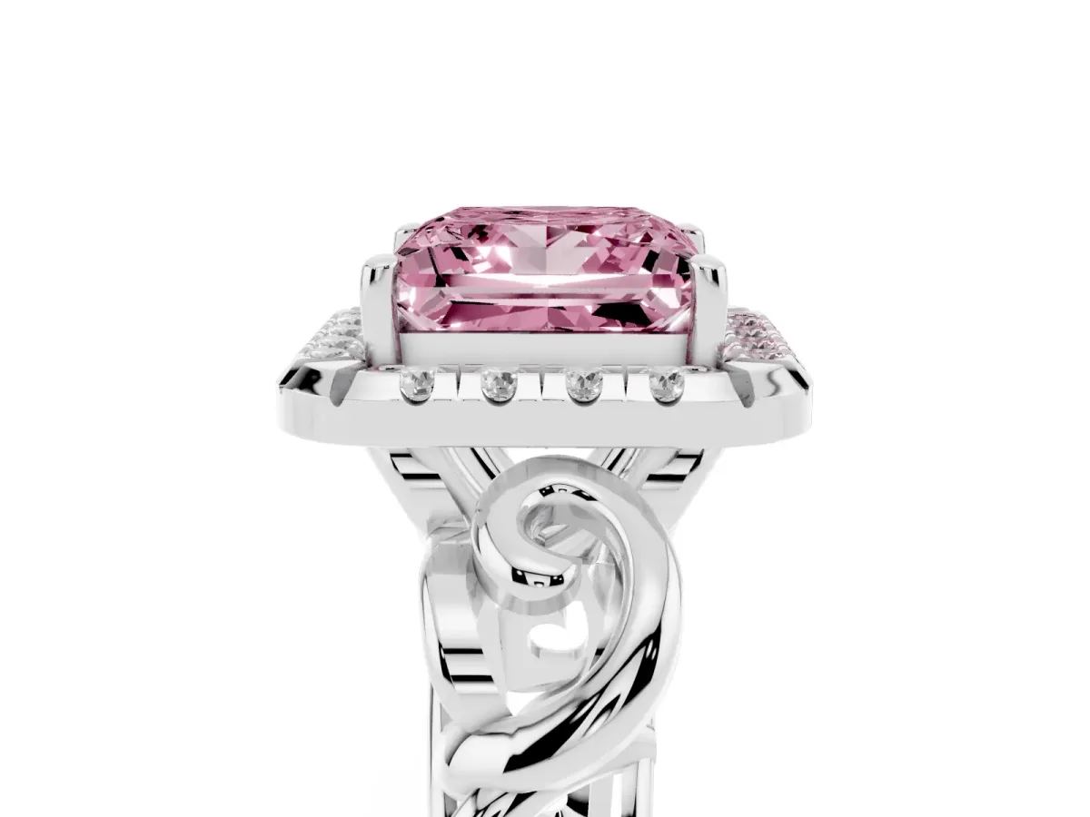 Fancy Pink Princess Cut Cut Halo Diamond Ring with Scrollwork Band and Four-Prong Setting Silver
