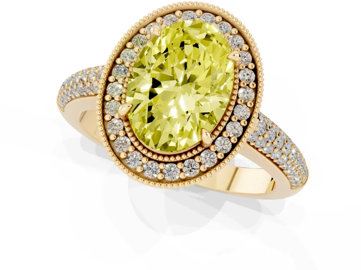 Fancy Yellow Oval Cut Cut Halo Diamond Pave Band with Four-Prong Setting Yellow gold