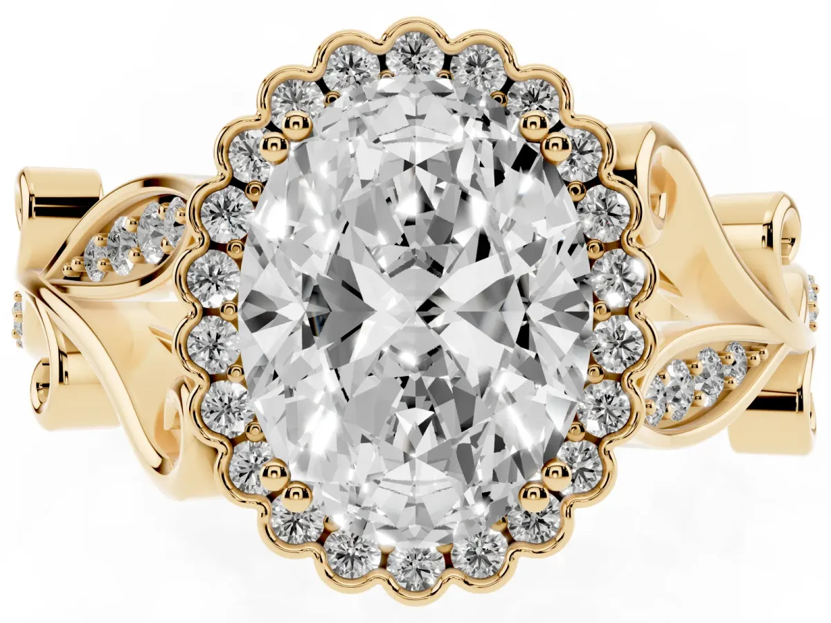 Oval Cut Diamond Halo Ring with Vintage Split Shank and Four-Prong Setting Yellow gold