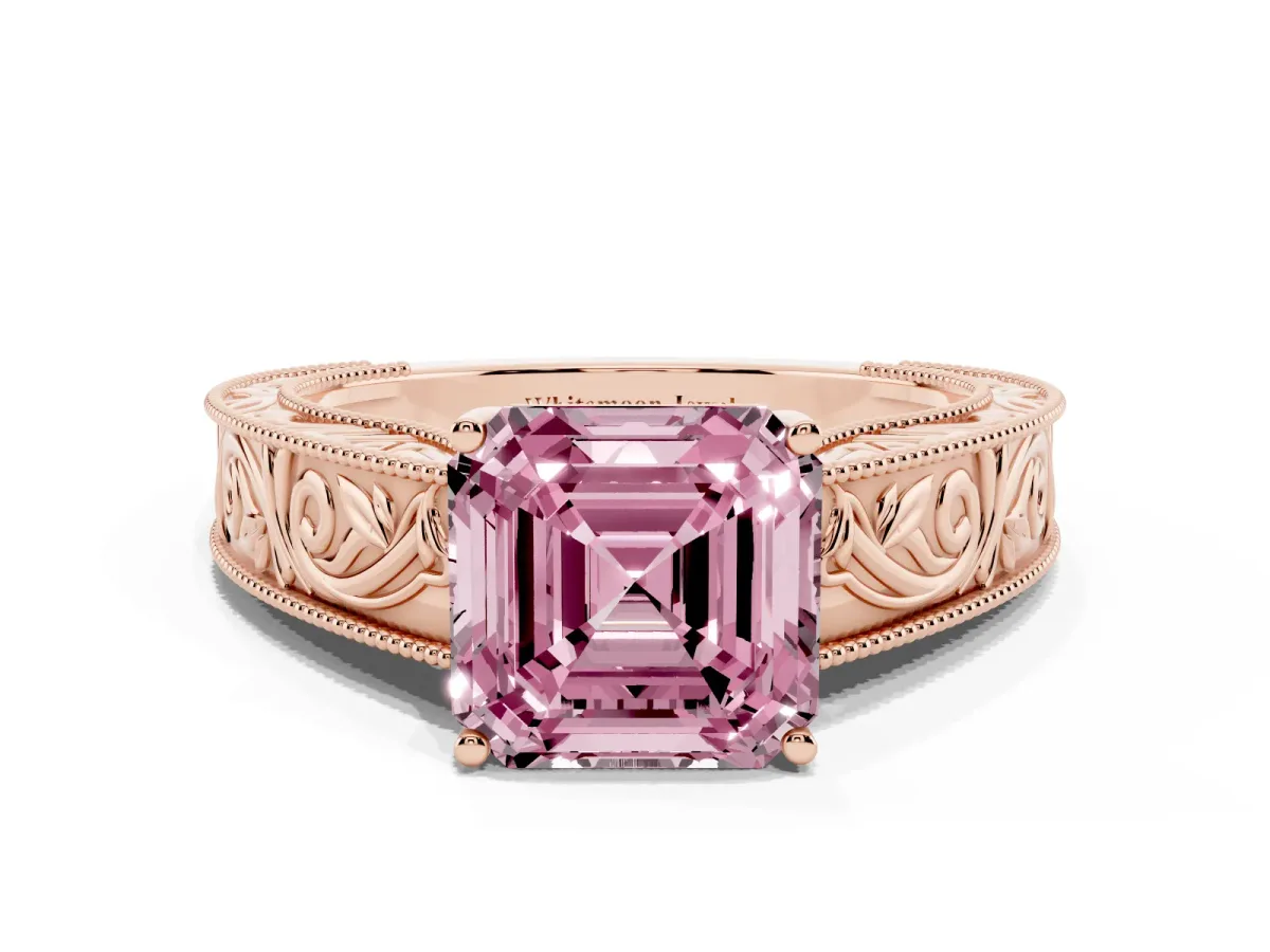 Fancy Pink Asscher Cut Diamond Solitaire Ring with Engraved Band and Four-Prong Setting Rose gold