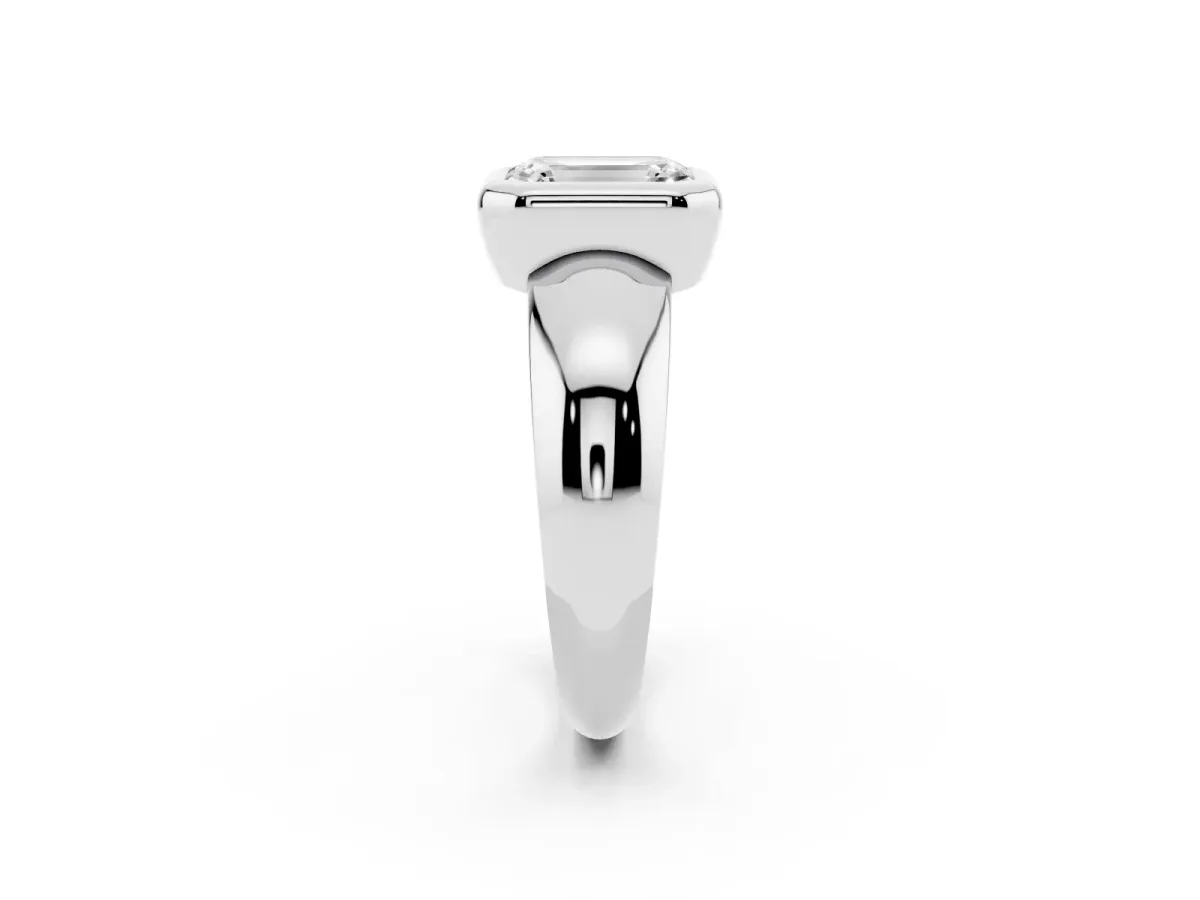 Bezel Set Emerald Cut Solitaire Ring with Wide Band Silver
