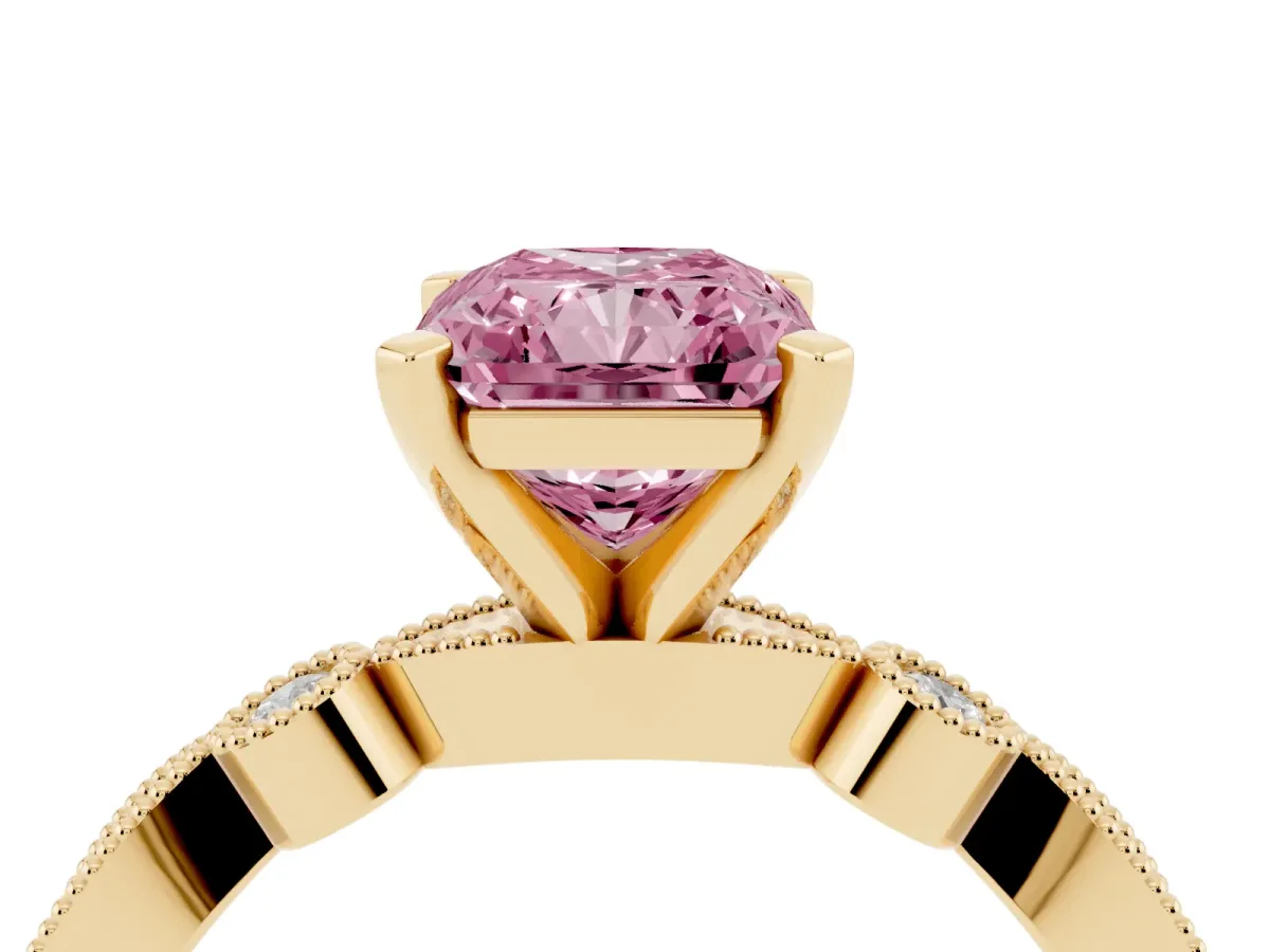 Fancy Pink Radiant Cut Milgrain Bezel Diamond Engagement Ring with Solitaire Prong Setting Yellow gold