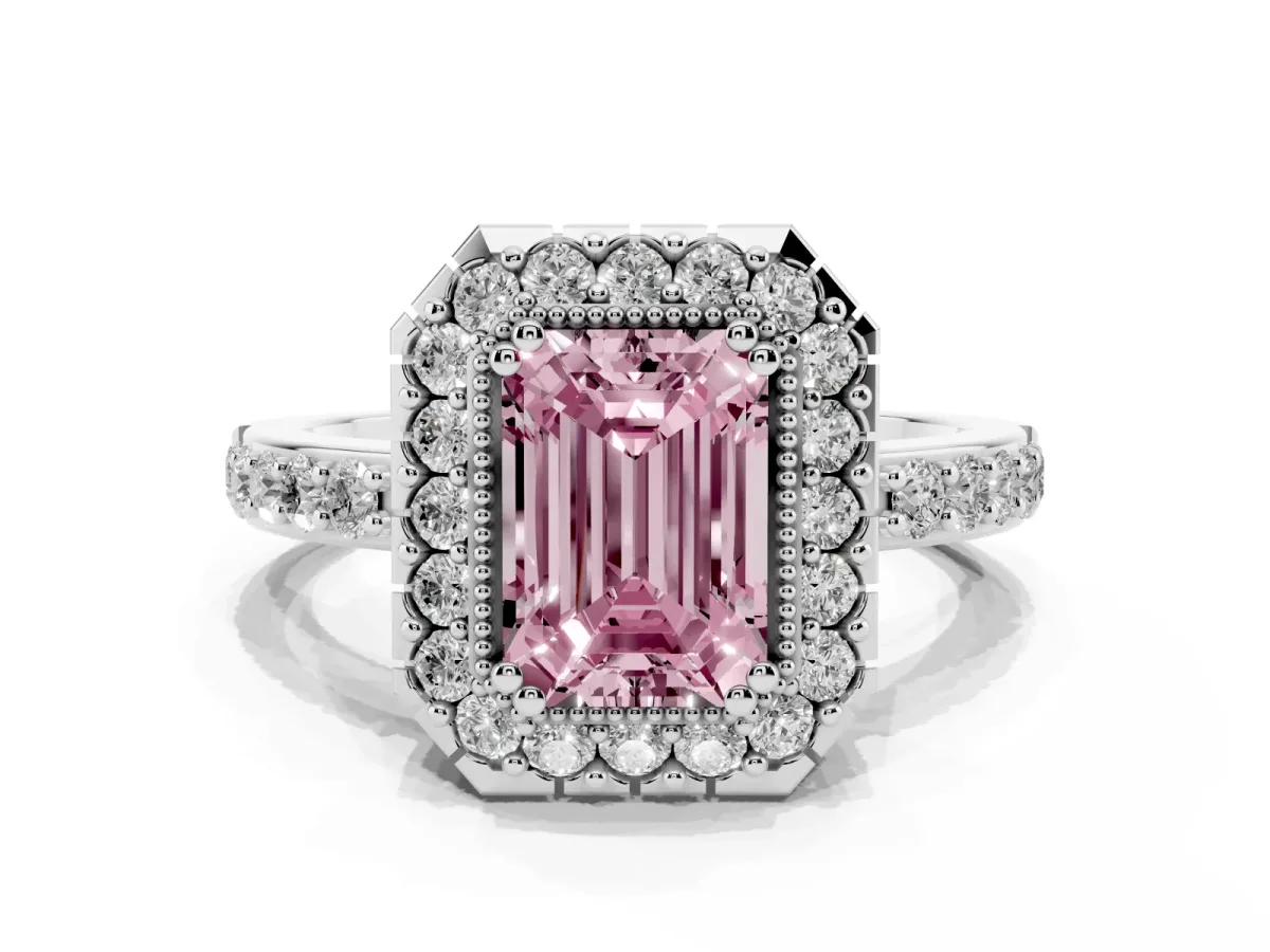 Fancy Pink Emerald Cut Diamond Halo Ring with Pavé Band and Prong Setting Platinum