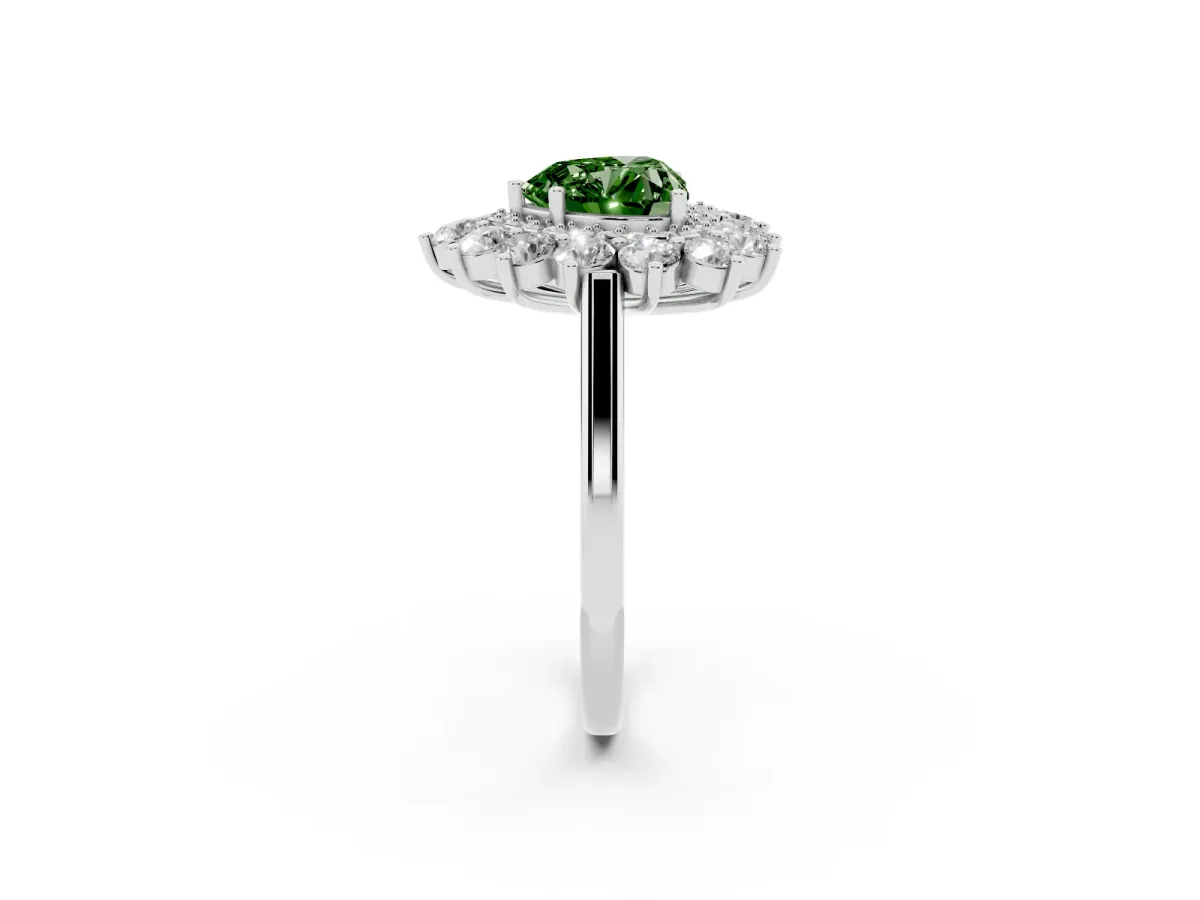 Fancy Green Heart Cut Diamond Floral Double Halo Engagement Ring with Prong Setting Platinum