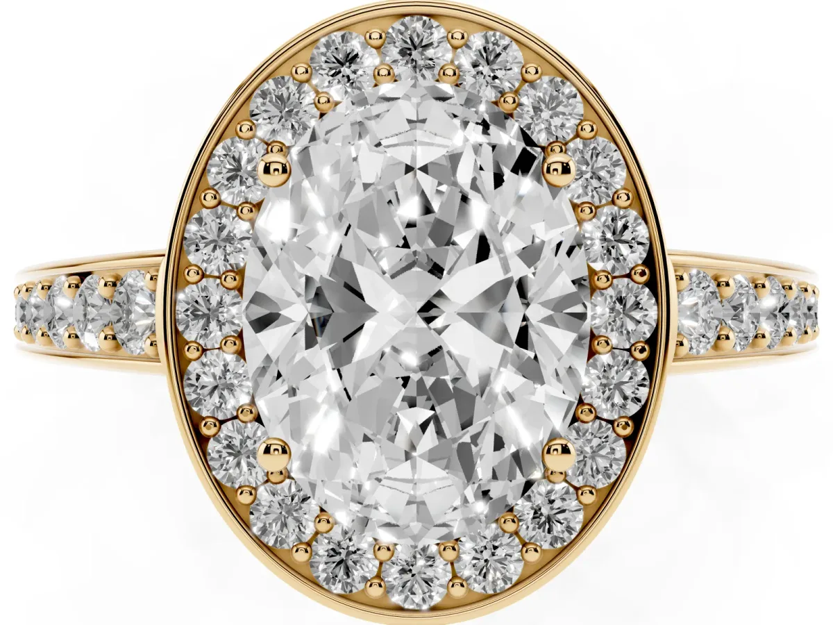 Oval Cut Halo Pavé Diamond Engagement Ring with Bezel Setting Yellow gold