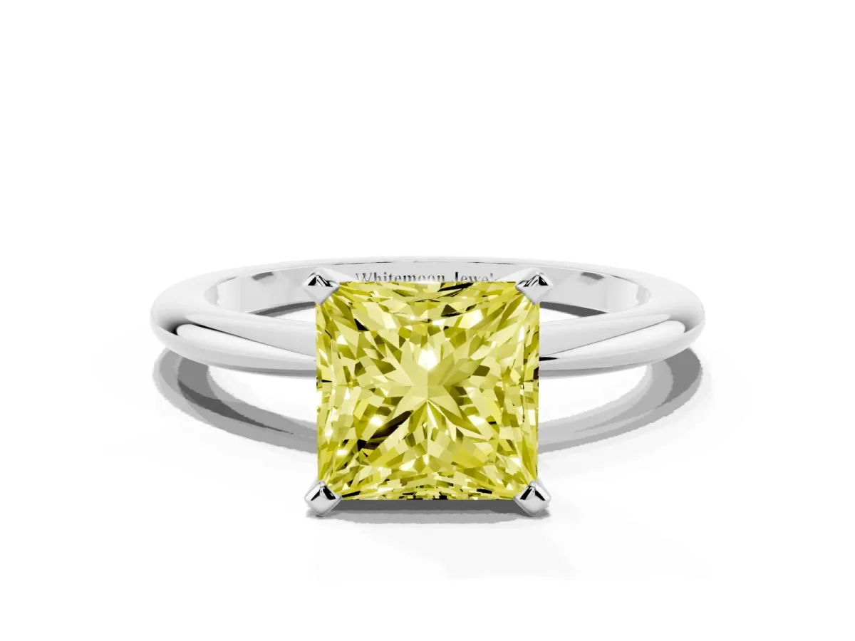 Fancy Yellow Princess Cut Diamond Solitaire Ring with Prong Setting and Classic Band Platinum