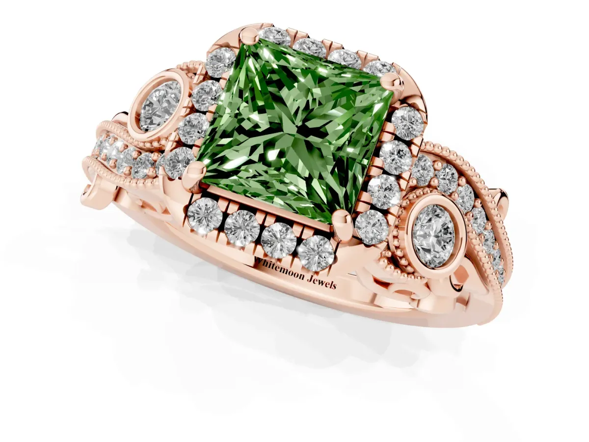 Fancy Green Princess Cut Diamond Halo Ring with Milgrain Pavé Band and Four-Prong Setting Rose gold