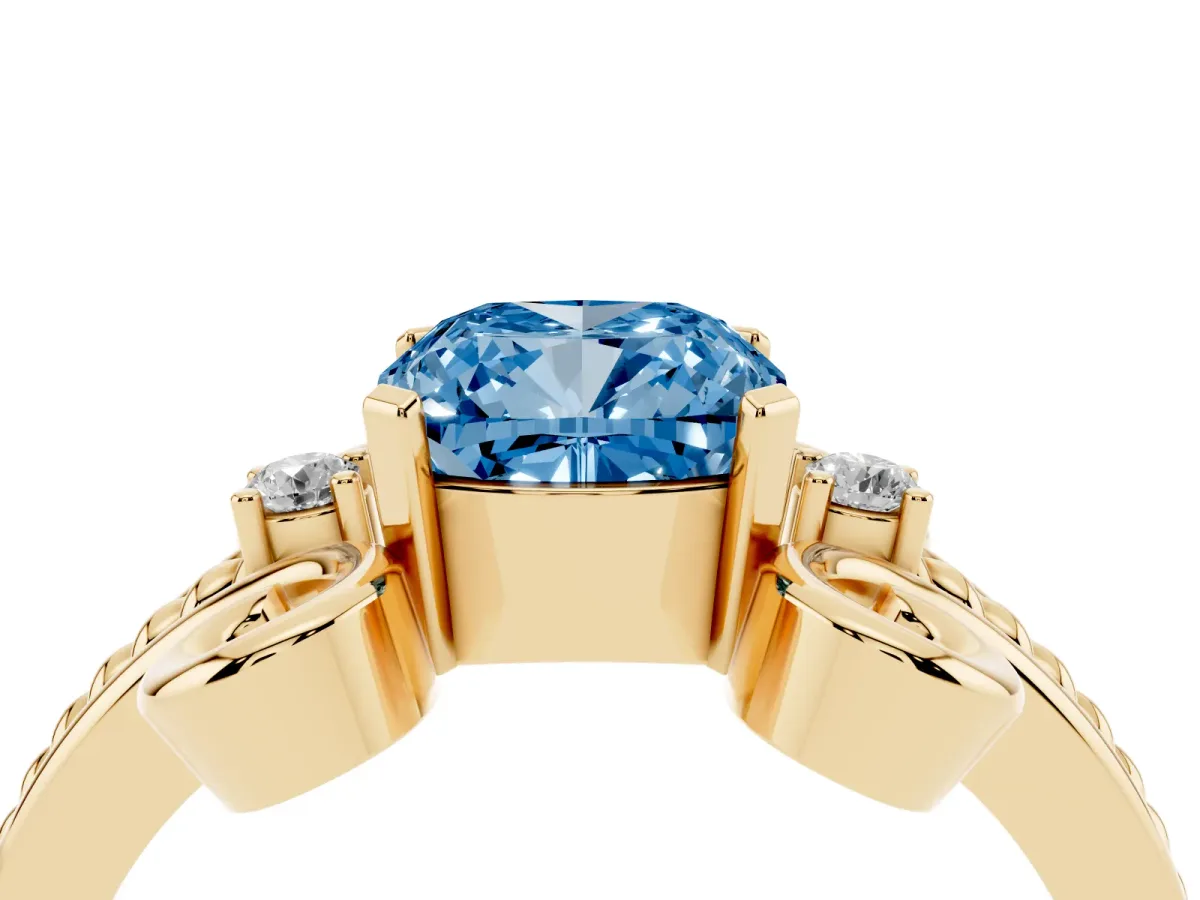Fancy Blue Cushion Cut Solitaire Twisted Band Scroll Prong Ring Yellow gold