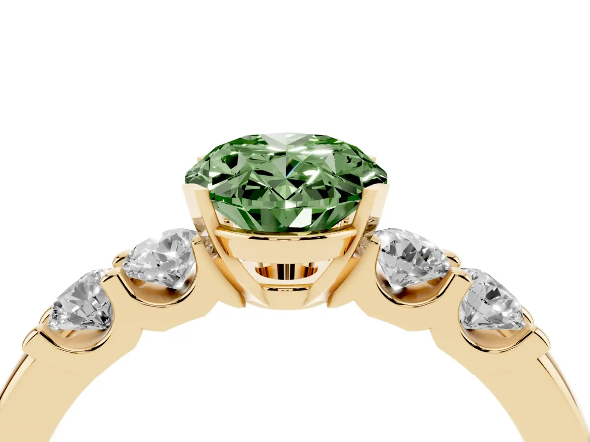 Fancy Green Oval Cut Brilliant Cut Diamond Five-Stone Prong Set Engagement Ring with Channel Band Yellow gold