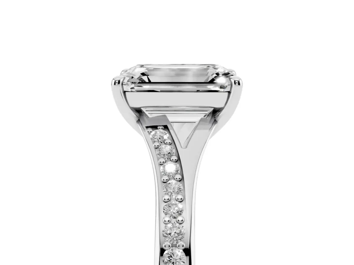 Emerald Cut Diamond Solitaire Ring with Pavé Band and Prong Setting Silver