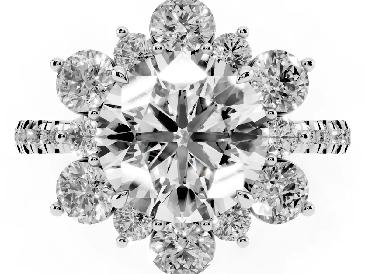 Round Cut Diamond Floral Halo Ring with Round Pavé Band and Prong Setting White gold