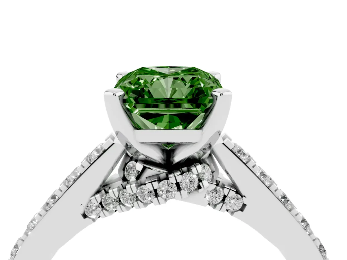 Fancy Green Radiant Cut Diamond Solitaire Ring with Crossover Gallery and Round Pavé Band White gold