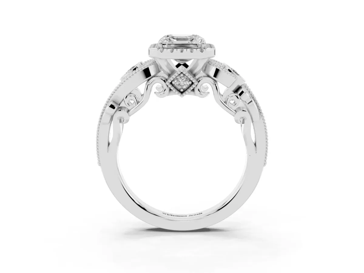 Asscher Cut Diamond Halo Ring with Milgrain Pavé Band and Four-Prong Setting Platinum
