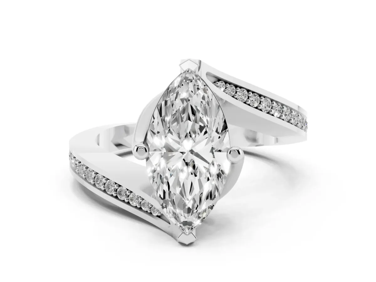 Marquise Cut Solitaire Diamond Twist Band with Pavé Setting and Four-Prong Setting White gold