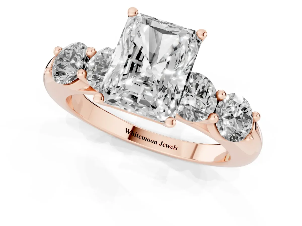 Radiant Cut Cut Five-Stone Prong Set Diamond Ring with Classic Band Rose gold