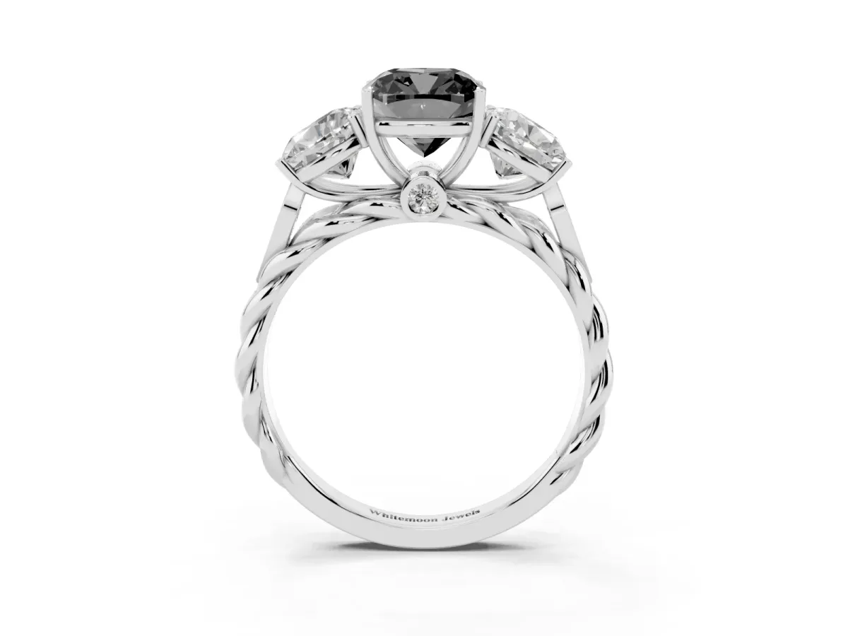 Fancy Black Three-Stone Cushion Cut Diamond Braided Band Ring with Four-Prong Setting Platinum