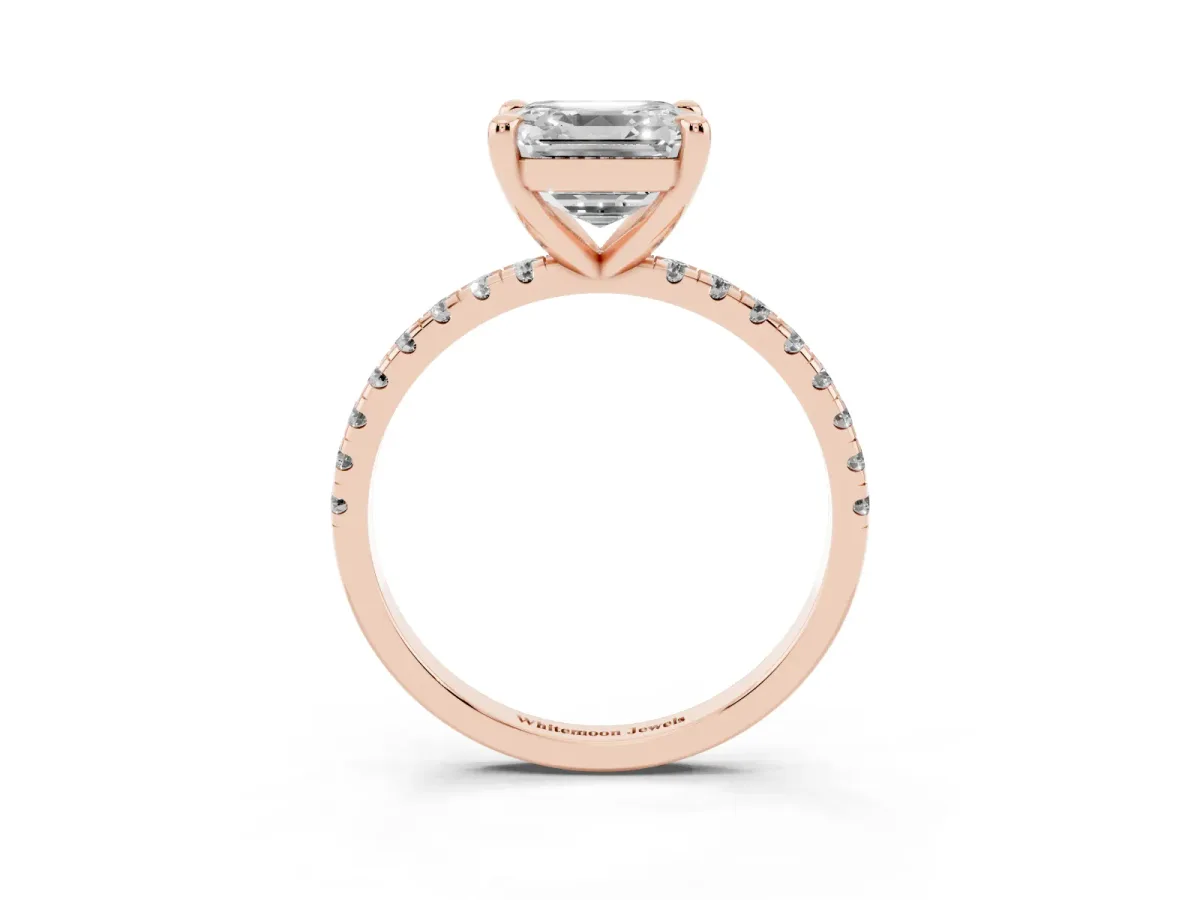 Asscher Cut Diamond Brilliant Solitaire Ring with Pavé Band and Four-Prong Setting Rose gold