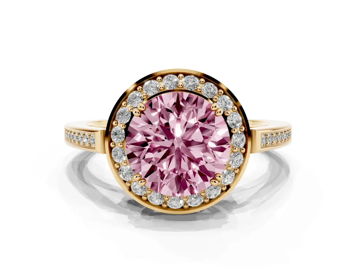Fancy Pink Round Cut Diamond Halo Ring with Split Shank and Four-Prong Setting Yellow gold