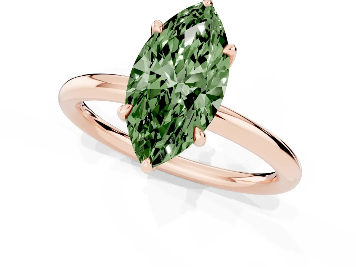 Fancy Green Marquise Cut Diamond Solitaire Ring with Thin Band and Four-Prong Setting Rose gold