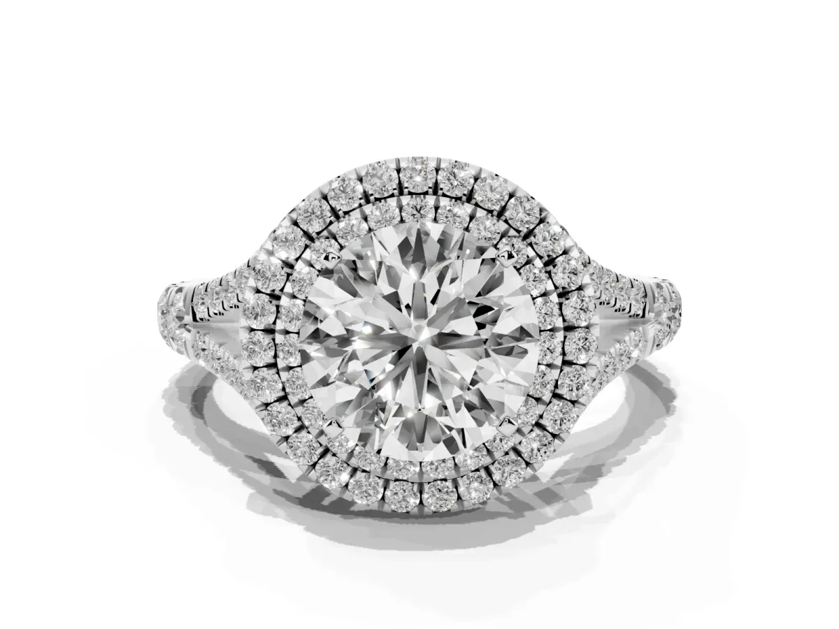 Round Cut Diamond Pavé Split Shank Double Halo Engagement Ring Platinum