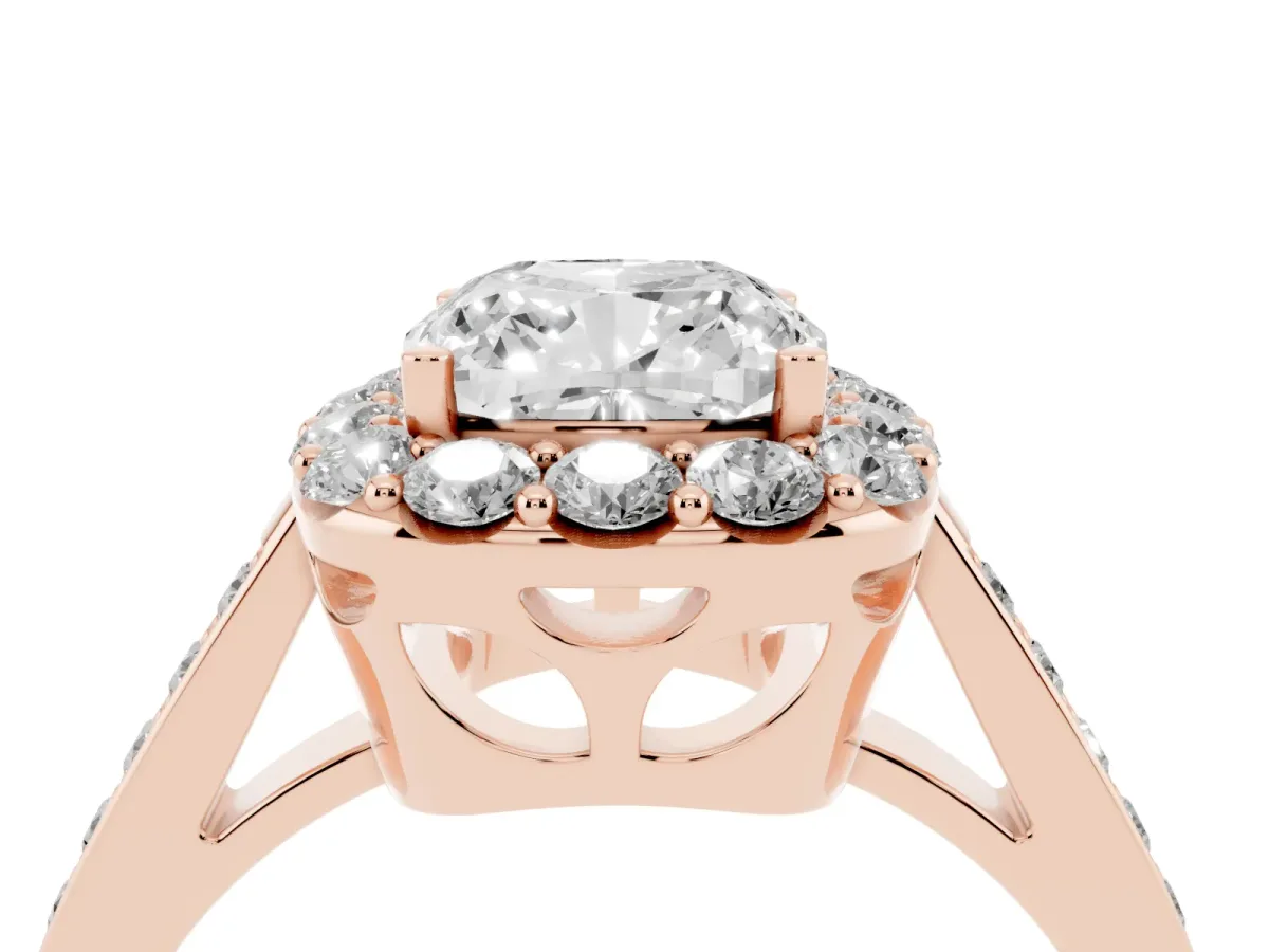 Cushion Cut Diamond Floral Halo Ring with Pavé Band and Prong Setting Rose gold