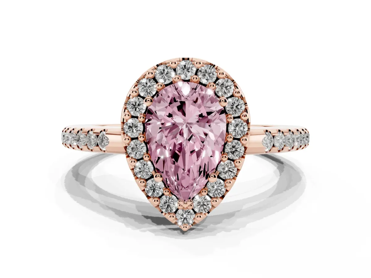 Fancy Pink Pear Cut Diamond Pavé Halo Ring with Four-Prong Setting Rose gold