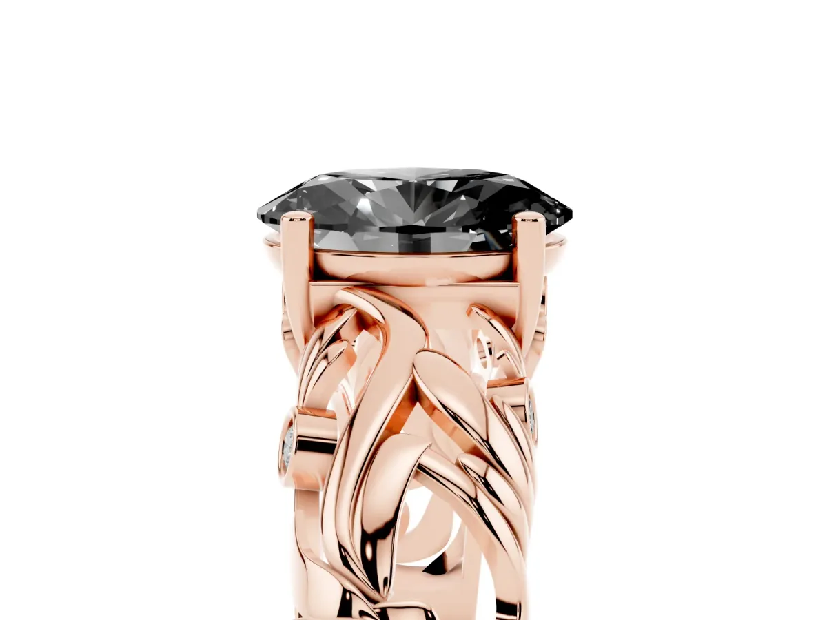 Fancy Black Oval Cut Solitaire Diamond Leaf-Inspired Vine Band Ring with Prong Setting Rose gold