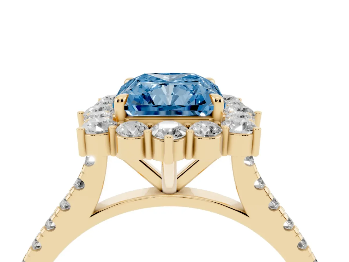 Fancy Blue Radiant Cut Halo Diamond Ring with Pavé Band and Prong Setting Yellow gold