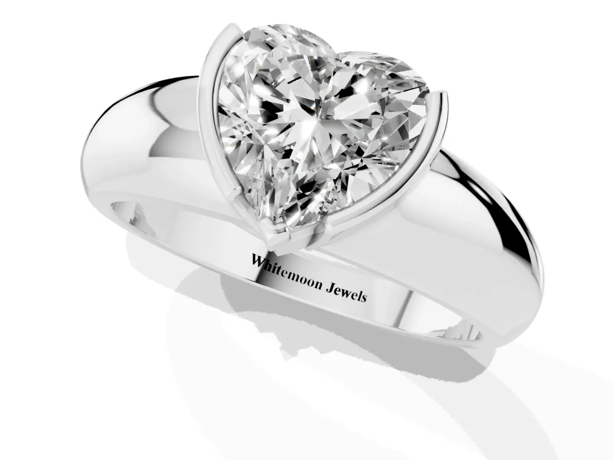 Heart Cut Solitaire Tension Set Diamond Ring with Wide Band White gold