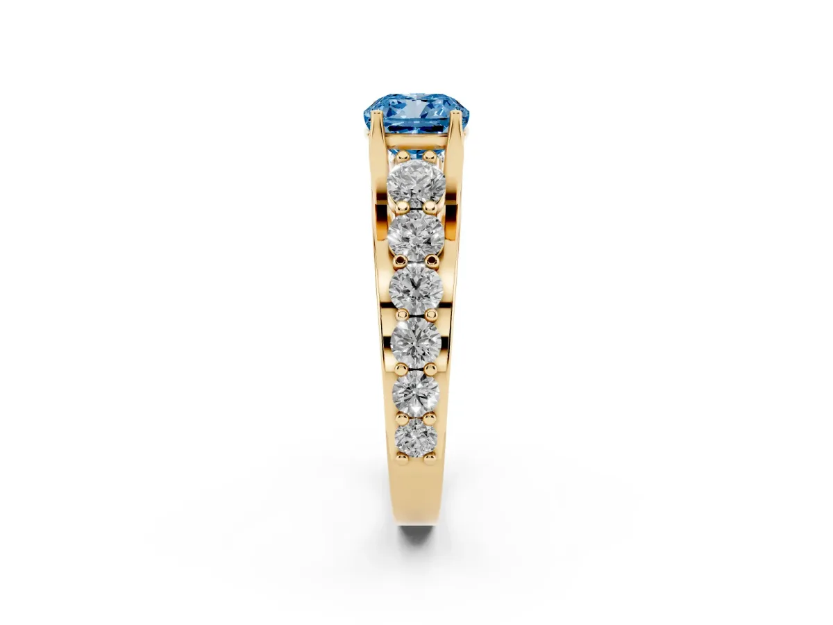 Fancy Blue Cushion Cut Diamond Engagement Ring with Pavé Band and Four-Prong Setting Yellow gold