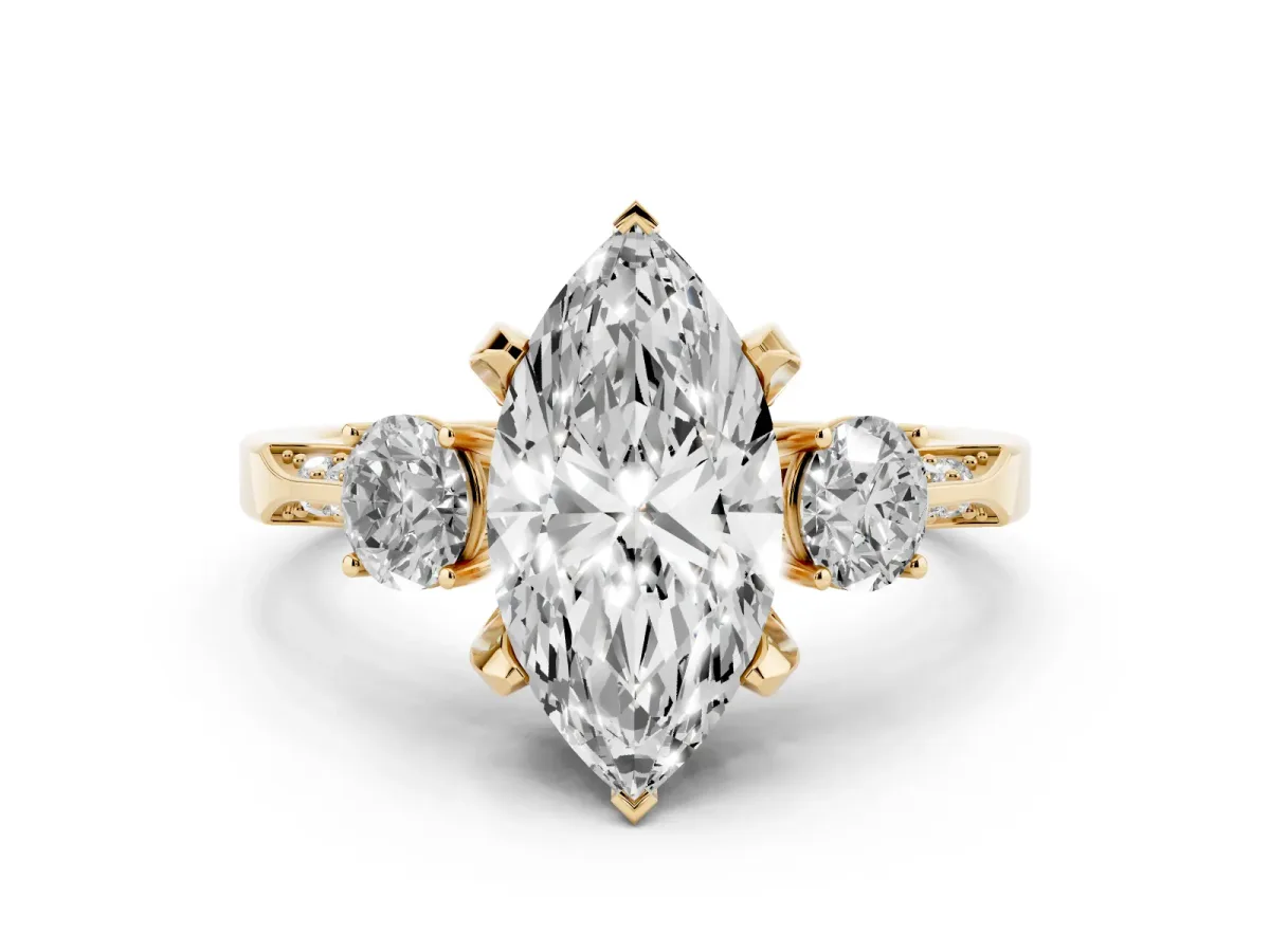 Marquise Cut Brilliant Three-Stone Diamond Ring with Pavé Band and Four-Prong Setting Yellow gold