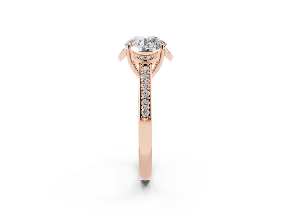 Round Cut Cut Halo Diamond Ring with Channel Set Band and Four-Prong Setting Rose gold