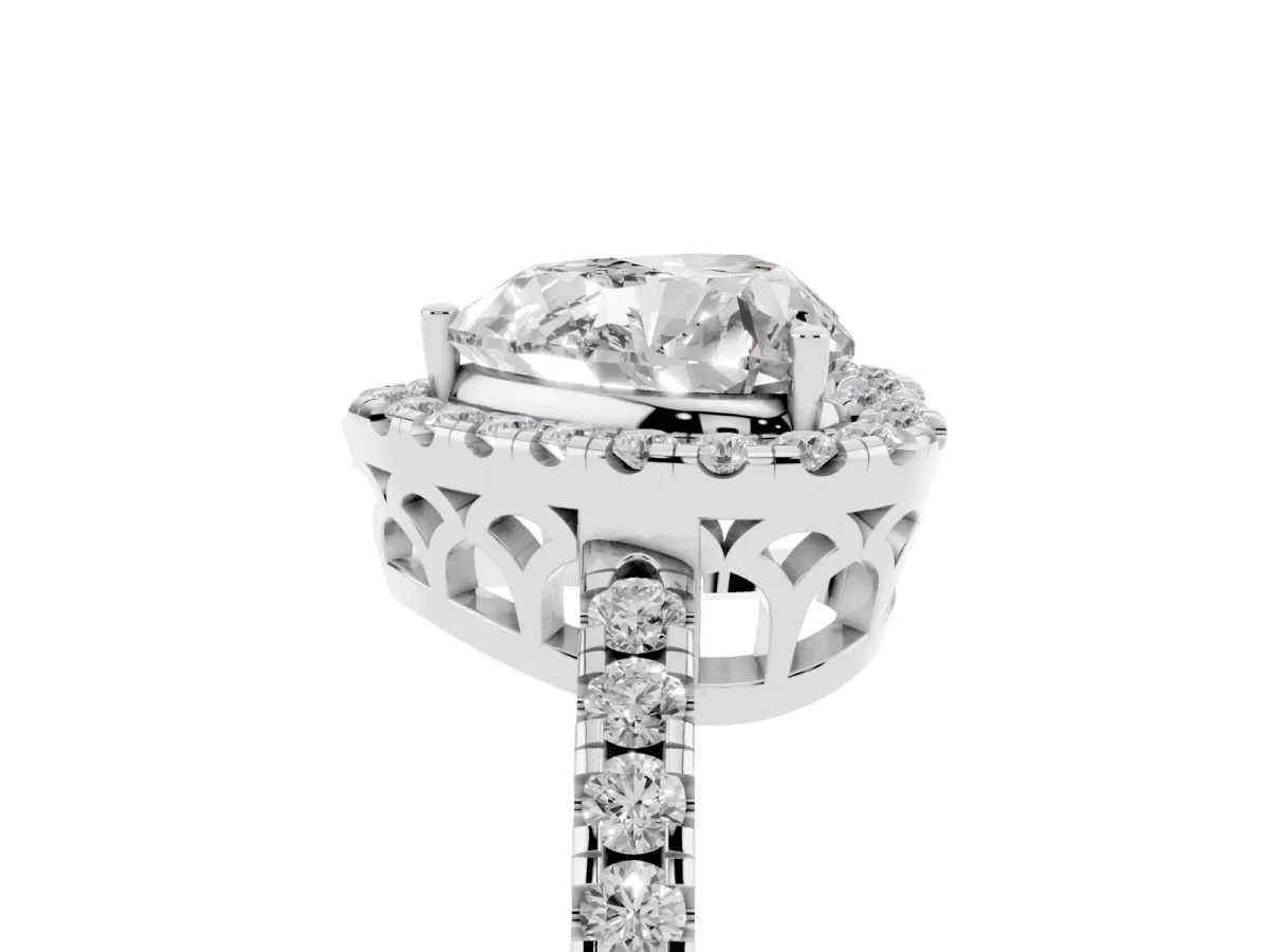 Heart Cut Halo Diamond Engagement Ring with Pavé Band and Four-Prong Setting Platinum