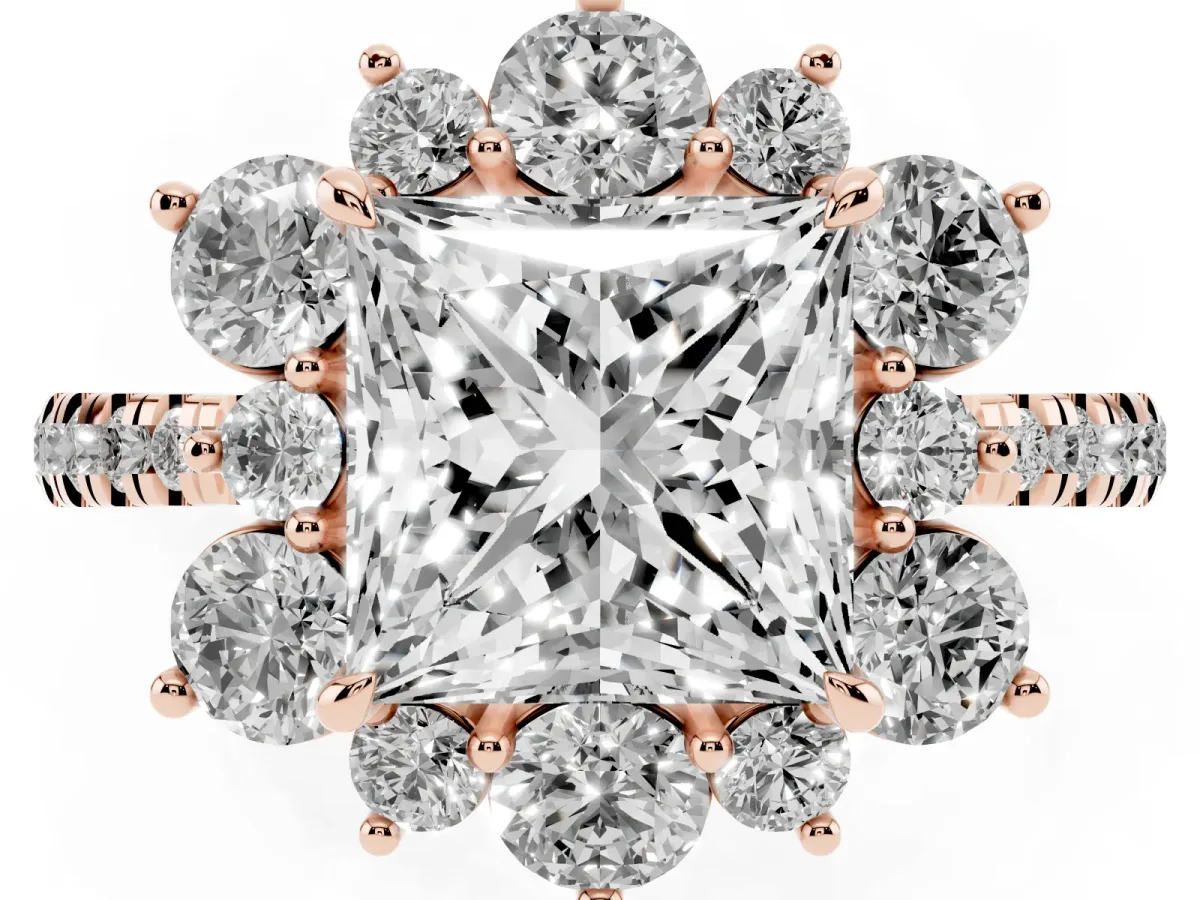 Princess Cut Diamond Floral Halo Ring with Round Pavé Band and Prong Setting Rose gold