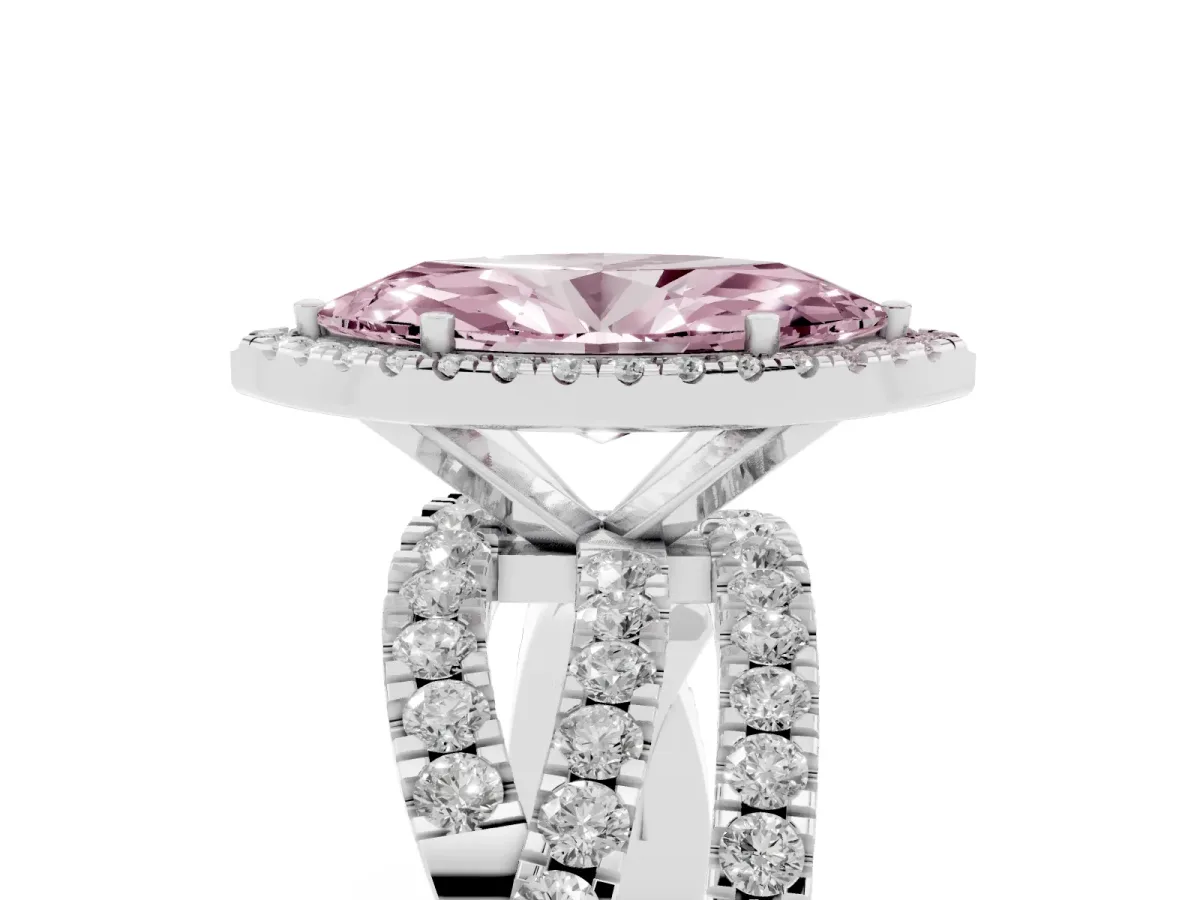 Fancy Pink Marquise Cut Diamond Halo Ring with Round Split Shank and Prong Setting Silver