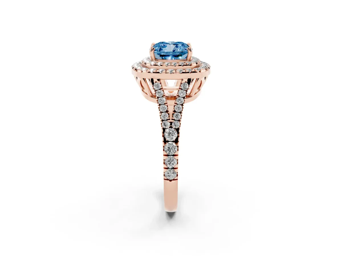 Fancy Blue Cushion Cut Diamond Double Halo Ring with Pavé Band and Prong Setting Rose gold