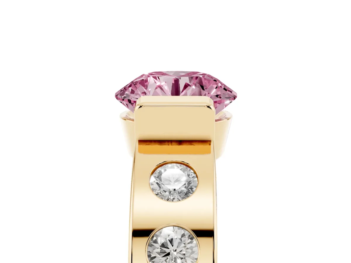 Fancy Pink Round Cut Brilliant Channel-Set Diamond Ring with Bezel Prong Setting Yellow gold