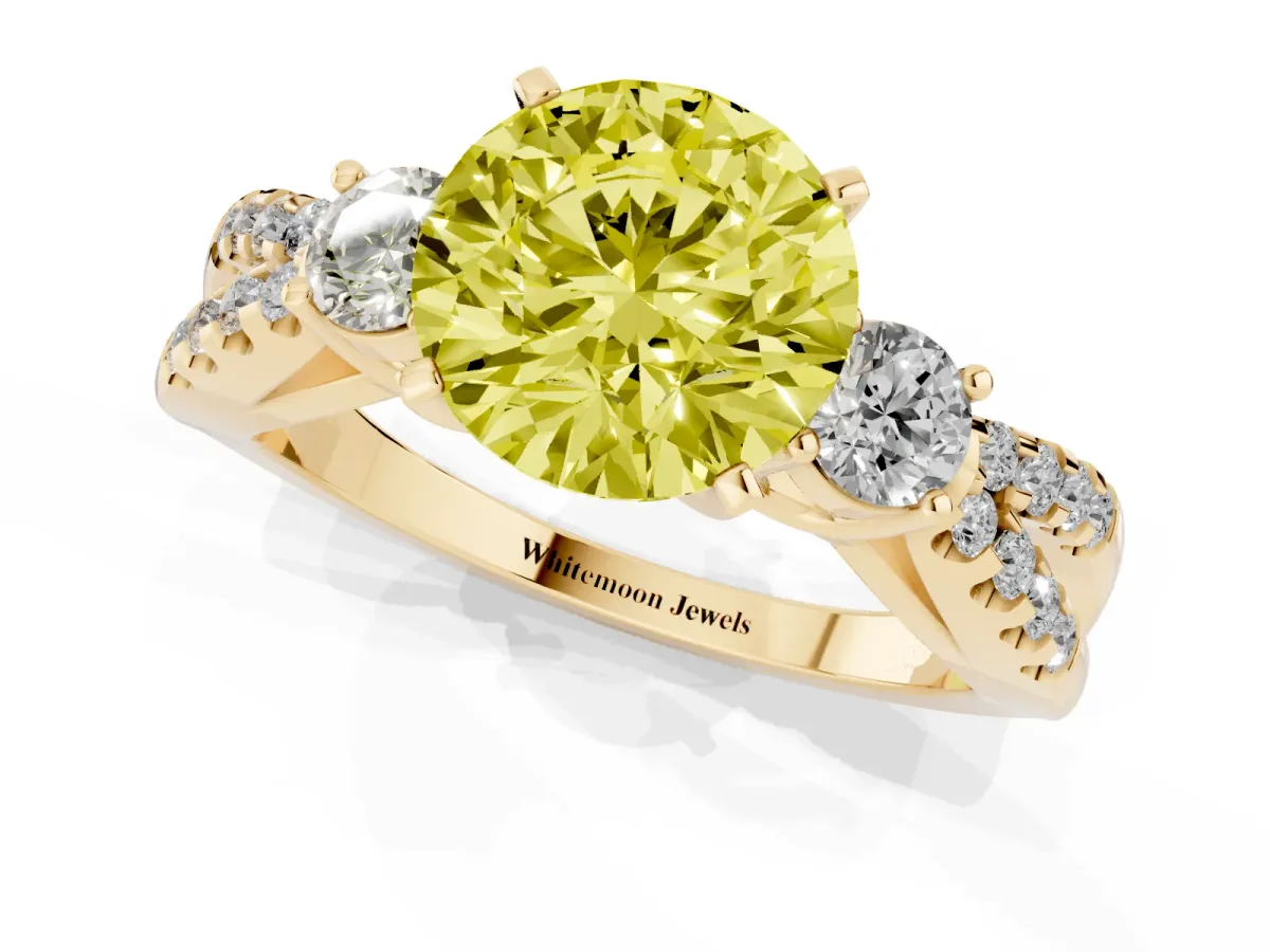 Fancy Yellow Round Cut Diamond Three-Stone Ring with Pavé Split Shank and Four-Prong Setting Yellow gold