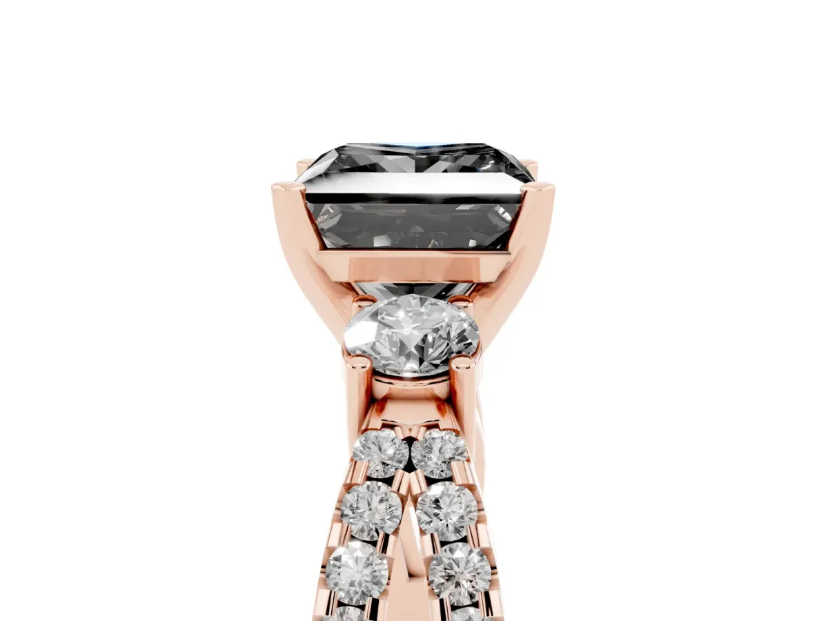 Fancy Black Princess Cut Diamond Three-Stone Ring with Pavé Split Shank and Four-Prong Setting Rose gold