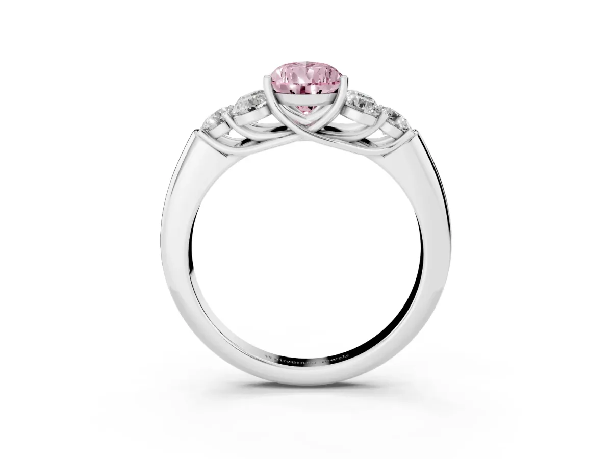 Fancy Pink Pear Cut Cut Diamond Cluster Ring with Round Accent Stones and Prong Setting on a Classic Band White gold