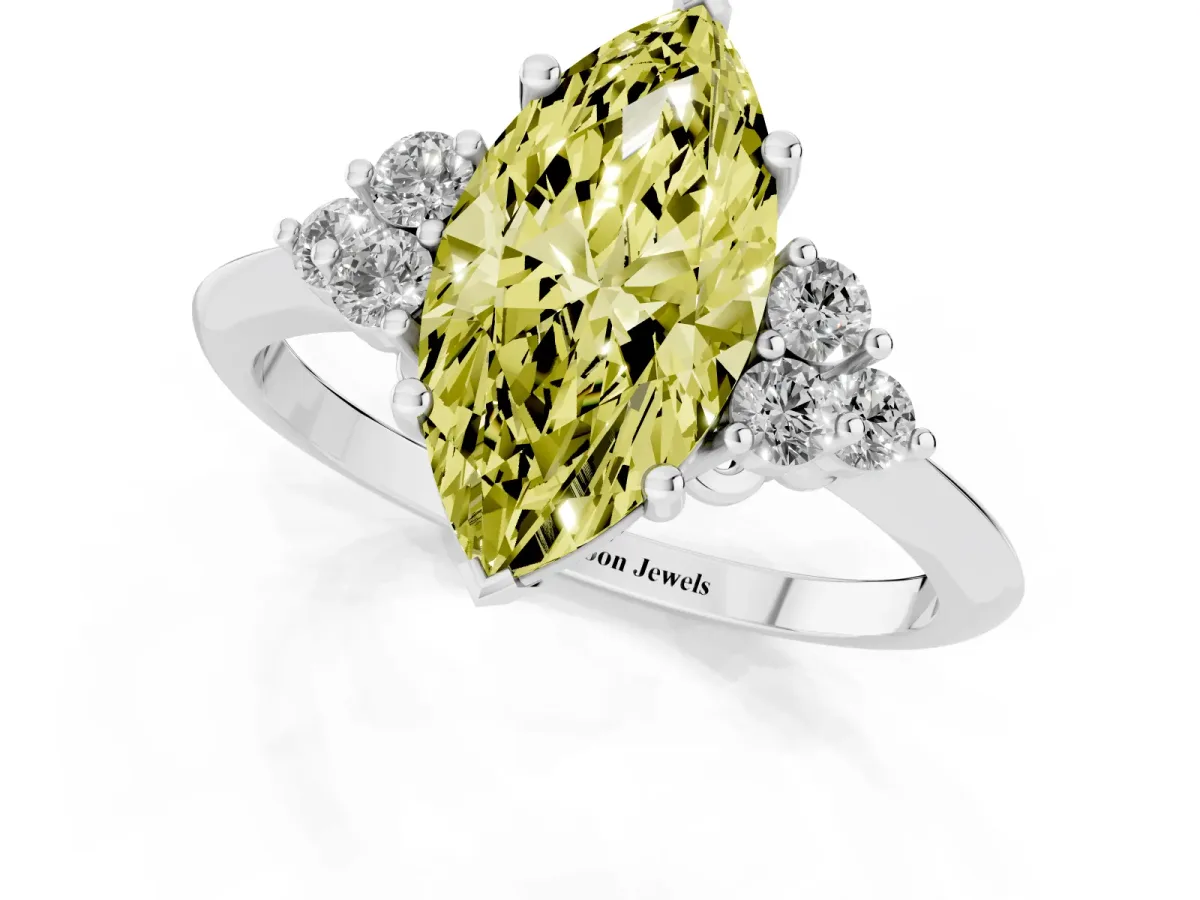 Fancy Yellow Marquise Cut Cut Diamond Cluster Ring with Solitaire Band and Four-Prong Setting Silver