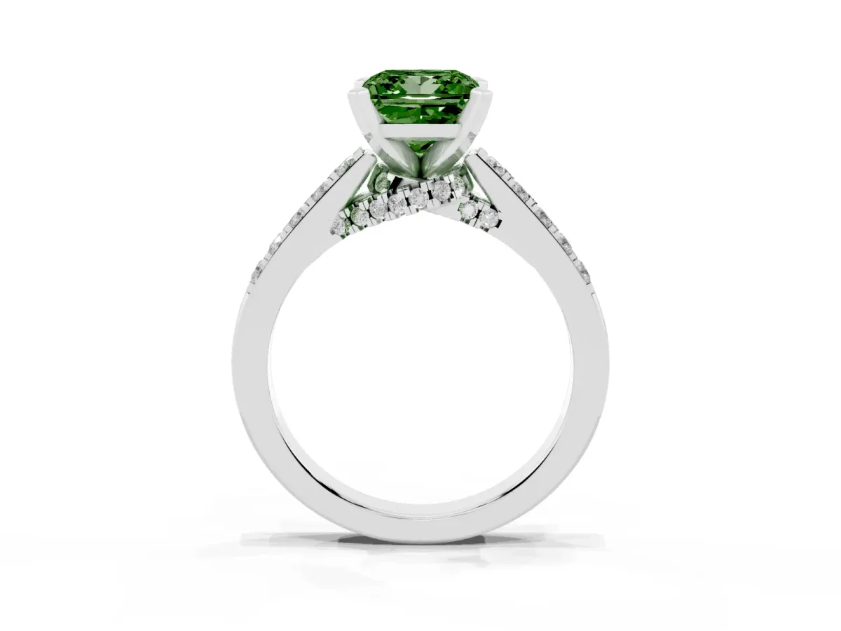 Fancy Green Princess Cut Diamond Solitaire Ring with Crossover Gallery and Round Pavé Band Platinum