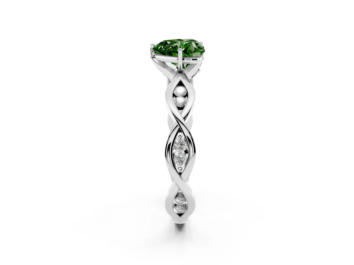 Fancy Green Heart Cut Solitaire Twist Band with Leaf Prong Setting Silver