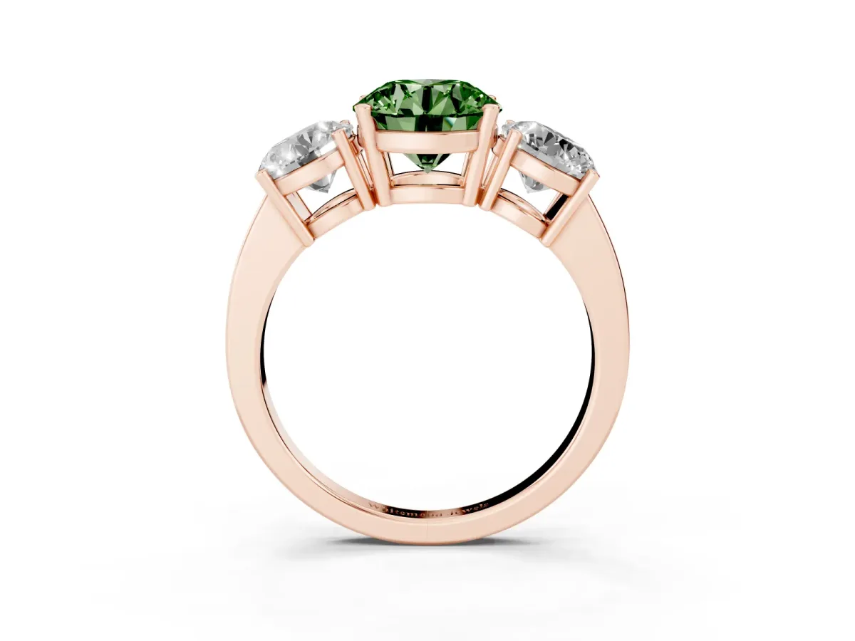 Fancy Green Three-Stone Round Cut Cut Diamond Engagement Ring with Flat Band and Four-Prong Setting Rose gold