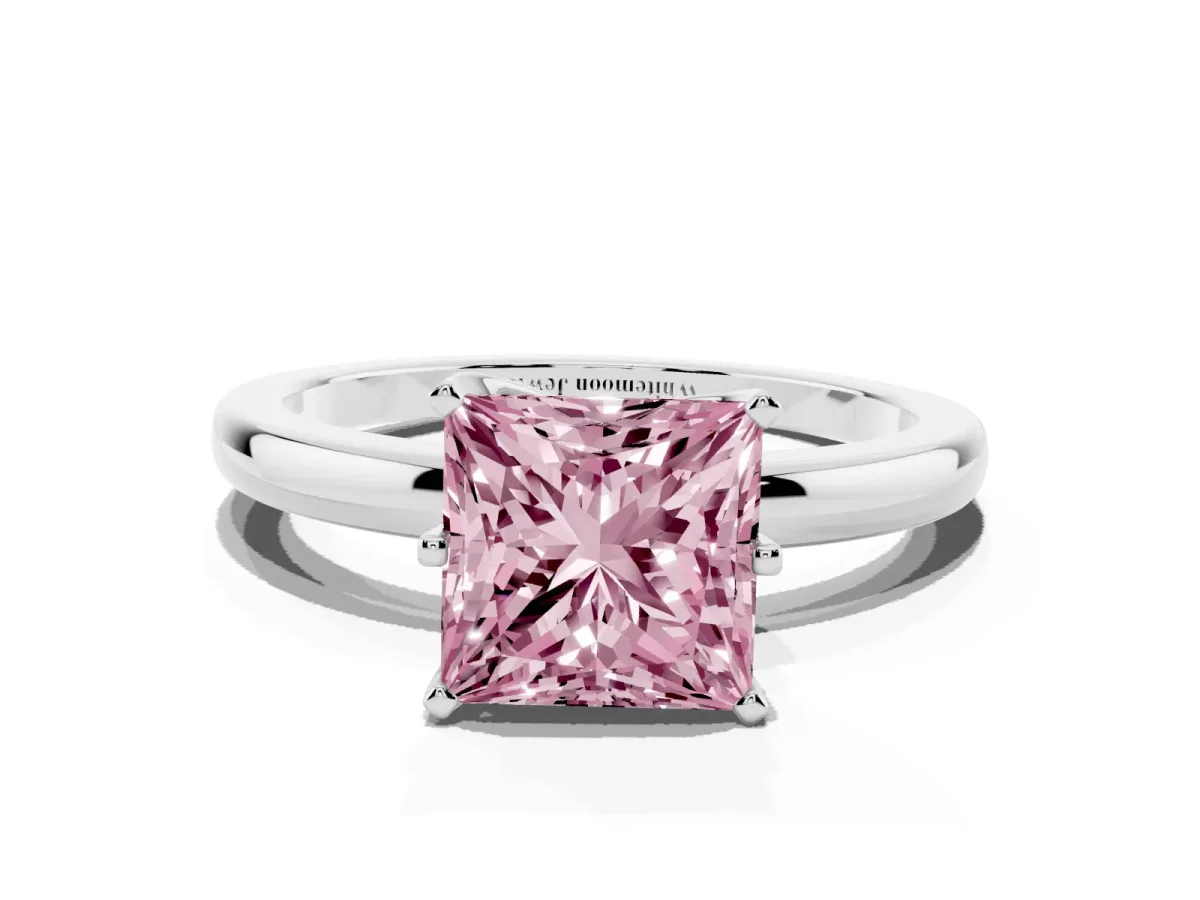 Fancy Pink Princess Cut Solitaire Diamond Ring with Six-Prong Setting on a Classic Band Silver