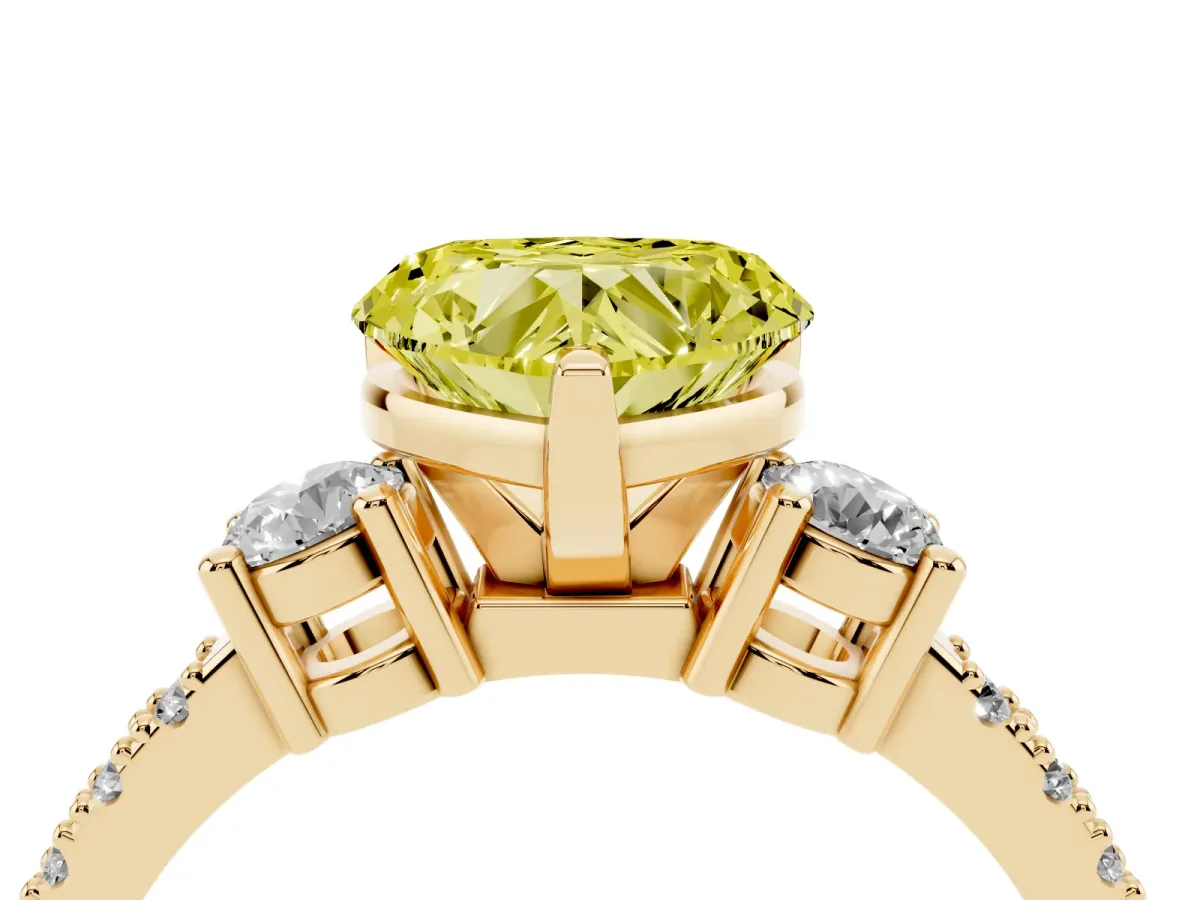 Fancy Yellow Heart Cut Three-Stone Diamond Pavé Band with Prong Setting Yellow gold